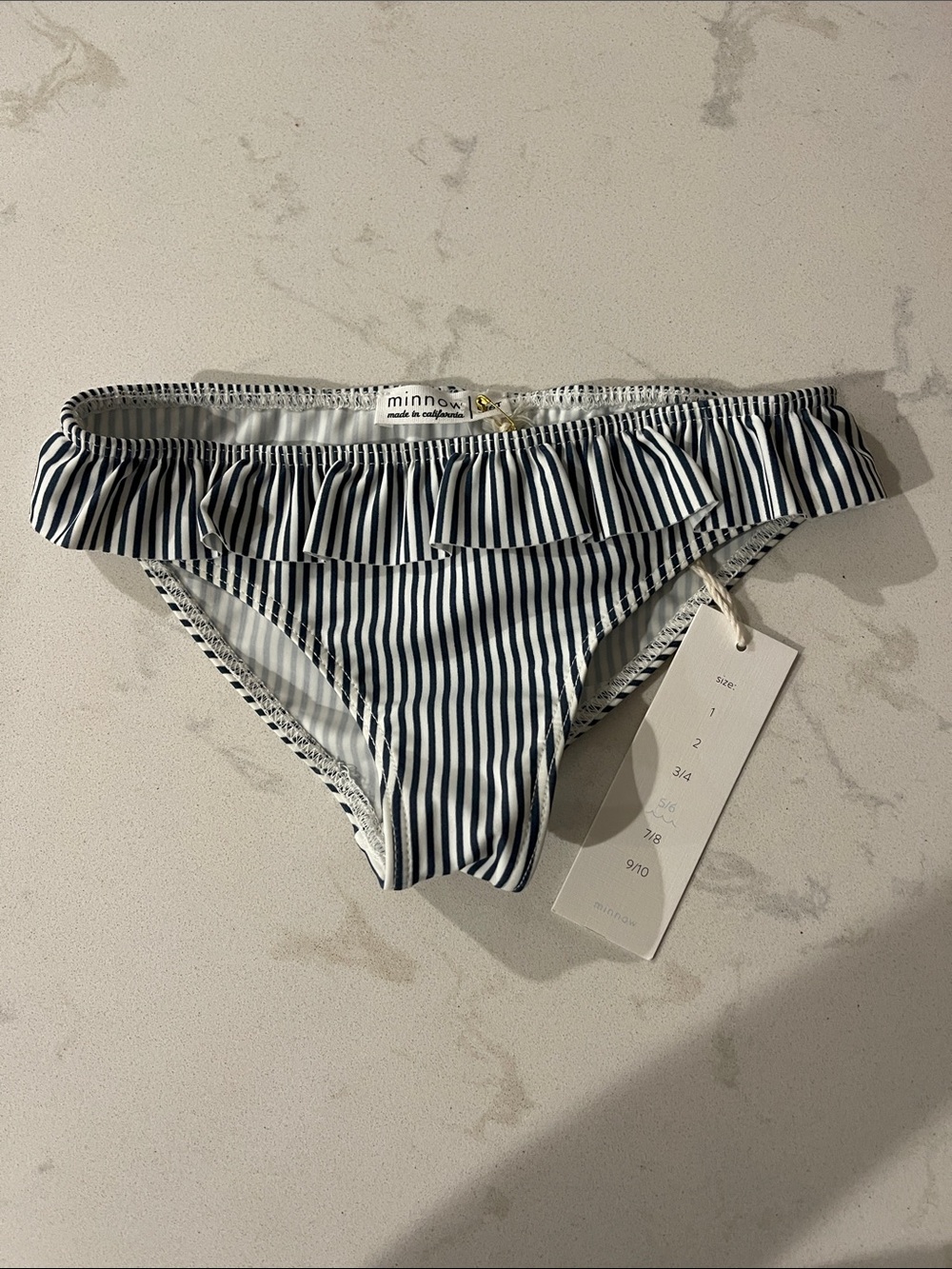 NWT - Minnow girls navy blue stripe bikini bottom, size 5/6T